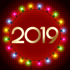 Red 2019 New Year card with round frame of colorful decorative lanterns.