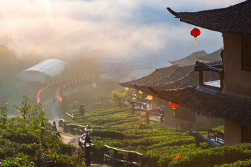 Ban Rak Thai Village,  Mae Hong Son province Northern Thailand. (Chinese characters at red lantern means lucky)