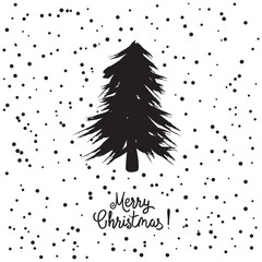 Card design with a hand drawn Christmas tree with snowflakes and Merry Christmas text.