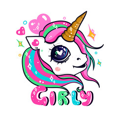 Sparkling kawaii unicorn. Hand drawn colored vector illustration