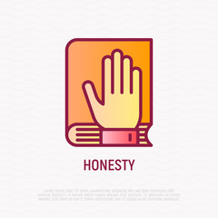 Honesty thin line icon. Oath: hand on bible or lawbook. Modern vector illustration.