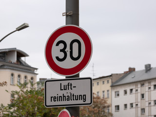 Traffic Sign Speed Limit 30 For Luftreinhaltung, Meaning Air Pollution Control In German Language,...