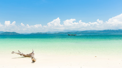 Fototapeta na wymiar White sand beach and Long-tail boat at Khang Khao Island (Bat island), The beautiful sea Ranong Province, Thailand.