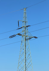 Electrical network of high voltage. Transportation of electricity through the high-voltage line. Metal tower with wires and cables. Clean country energy. Energy security. Work at height. Training matt