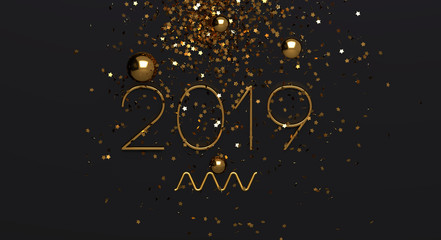 Fototapeta na wymiar 2019 golden numbers and glitter on black background. New year. 3D render