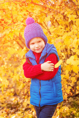 Child in autumn park. Happy adorable boy with fall leaves. The concept of childhood, family and kid laughs outdoors. 
