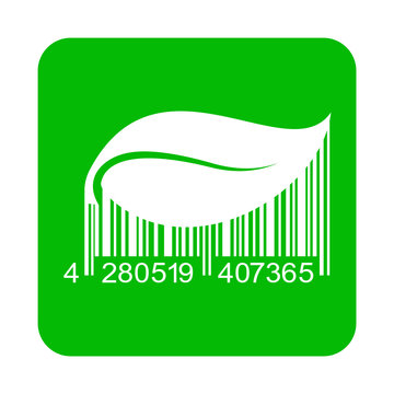 Icono plano c&oacute;digo de barras hoja planta en cuadrado verde