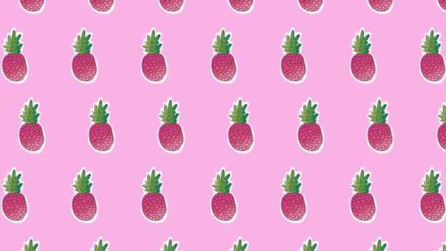 Pineapple gradient stickers pattern animation. Tropical fruit characters stickers in motion. Tropical summer fruits animation on color background. Retro stylish texture of summer fruits. stock footage