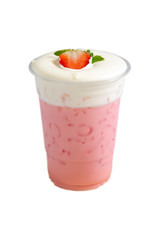 Strawberry milk shake on top cream cheese in glass plastic isolated on white background with Clipping Path