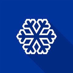 White snowflake outline icon with long shadow on blue background. Vector Illustration EPS 10