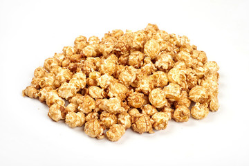 caramel popcorn on white background.