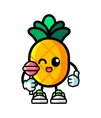 Fotobehang Pineapple hold lollypop mascot cartoon illustration © heriyusuf