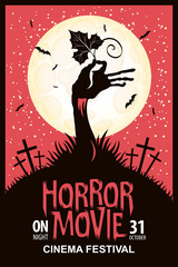 Fototapeta premium Vector poster for a festival of horror movie with a creepy zombie hand and a pumpkin leaf on a cemetery on a moonlit night. Scary cinema. Can be used for ad, banner, flyer, web design
