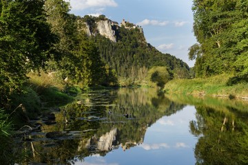 Fototapeta na wymiar Wildromantisches Oberes Donautal mit Spiegelung des Schlosses Werenwag in der Donau