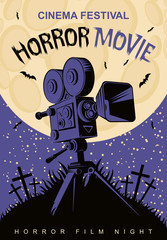 Fototapeta premium Vector poster for a festival of horror movie with an old film projector on a cemetery on a moonlit night. Scary cinema. Can be used for ad, banner, flyer, web design