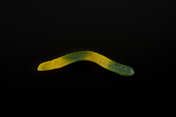 gummy jelly worm candy on a black background.