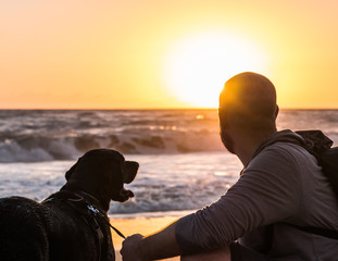 A man and his dog watching the sunrise at the beach.
