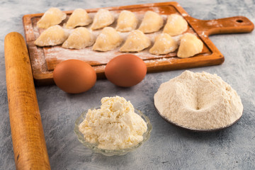 Cottage cheese in a round plate, flour, chicken eggs-ingredients for cooking dumplings with filling.