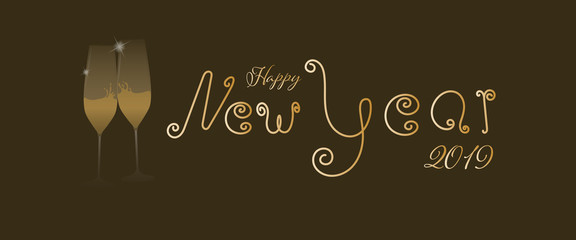 Happy New Year - 2019. Lettering in golden colors with a dark background.