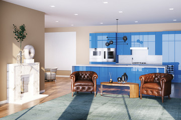 Spacious villa interior with blue kitchen furniture 3d render
