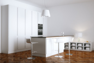 Fototapeta na wymiar White kitchen interior with white furniture and wooden floor 3d render