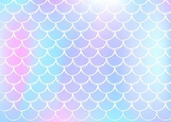 Mermaid scales background with holographic gradient. Bright color transitions. Fish tail banner and invitation. Underwater and sea pattern for girlie party. Bright backdrop with mermaid scales.