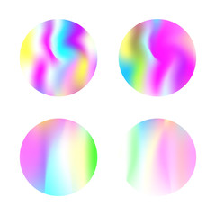 Holographic abstract backgrounds set. Liquid holographic backdrop with gradient mesh. 90s, 80s retro style. Pearlescent graphic template for banner, flyer, cover, mobile interface, web app.