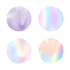 Holographic abstract backgrounds set. Trendy holographic backdrop with gradient mesh. 90s, 80s retro style. Iridescent graphic template for banner, flyer, cover, mobile interface, web app.