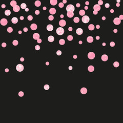 Pink glitter dots confetti on isolated backdrop. Random falling sequins with metallic shimmer. Design with pink glitter dots for party invitation, banner, greeting card, bridal shower.