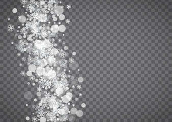 Isolated snowflakes on transparent grey background. Winter sales, Christmas and New Year design for party invitation, banner, sale. Horizontal winter window. Magic isolated snowflakes. Silver flakes