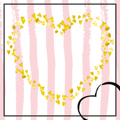 Gold glitter hearts confetti  on pink stripes. Random falling sequins with metallic shimmer. Template with gold glitter hearts for party invitation, banner, greeting card, bridal shower.