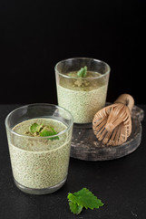 Matcha green tea chia seed pudding, dessert with fresh mint