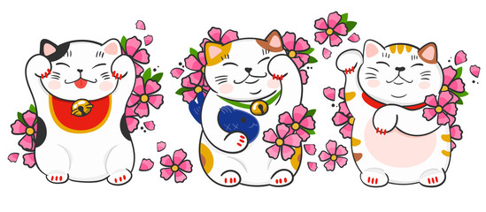 Three various maneki neko and sakura flowers. Hand drawn colored vector set. All elements are isolated