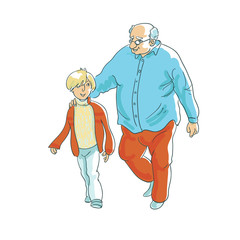 Grandfather and his grandson. Family time vector illustration, concept of happy parenting and childhood