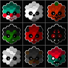 halloween, clown, skull, pumpkin frankenstein, demon, diablo, spider, widow, mummy, wolfman, zombie, hexagon