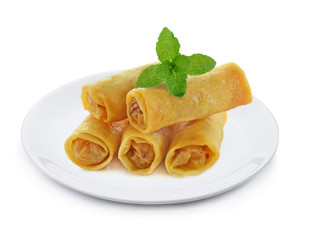 Fried Chinese Traditional Spring rolls food in ceramic plate (beautiful shape) on white background