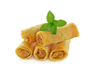 Fried Chinese Traditional Spring rolls food isolated on white backgroundFried Chinese Traditional Spring rolls food in ceramic plate (beautiful shape) on white background