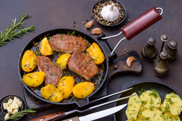 Homemade dinner pork with peach and potato