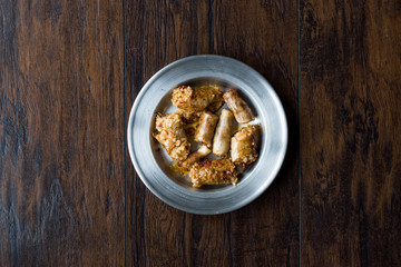 Turkish Food Minced Meat and Rice Stuffed Sheep Bowel Mumbar Dolma