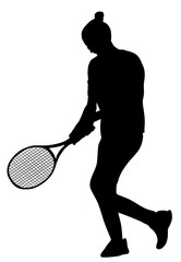 Woman tennis player vector silhouette isolated on white background. Sport tennis shadow isolated. Recreation pose. Girl play tennis. Active lady hobby training after work. Anti stress worming up .