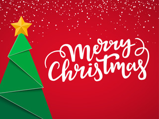 Festive typographical Christmas postcard. Xmas card design with New Near tree, gold star, lettering and snow on red winter background.