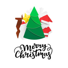 Naklejka premium Christmas postcard template. Xmas card design with winter elements: new year tree, santa claus, snowman, deer, golden star, snowflake and hand lettering.
