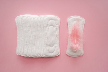 Menstrual pads with feather on color background