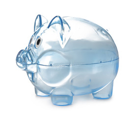 Plastic piggy bank on white background