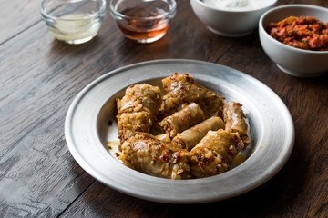 Turkish Food Minced Meat and Rice Stuffed Sheep Bowel Mumbar Dolma