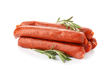 Delicious sausages with rosemary on white background
