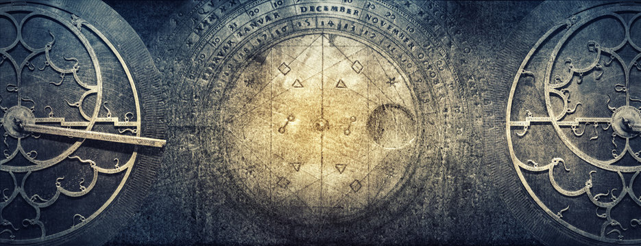 Ancient astronomical instruments on vintage paper background. Abstract old conceptual background on history, mysticism, astrology, science, etc.