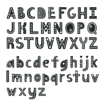 Decorative alphabet in Scandinavian style, hygge font. Vector illustration