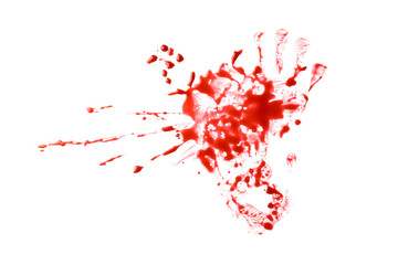 Blood splashes with palm print on white background