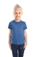 Cute little girl in t-shirt on white background